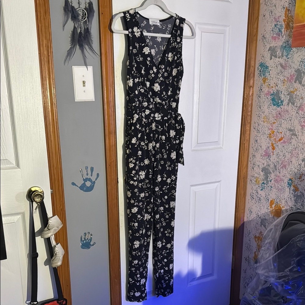 Navy and White Floral Jumpsuit Sleeveless Full-Length